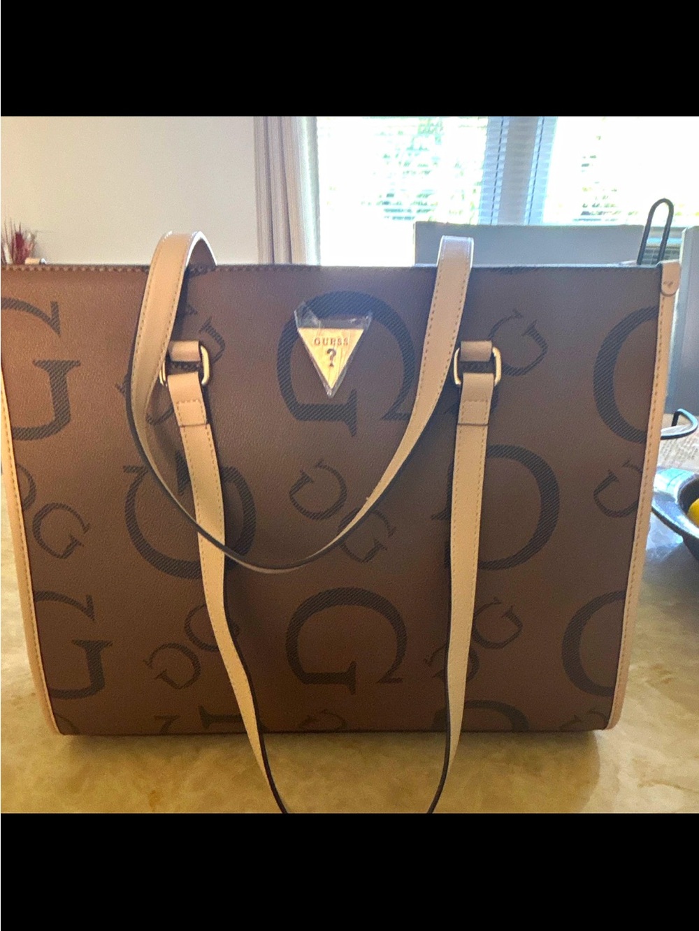 GUESS Brown Tote with Tan Straps and Logo Print